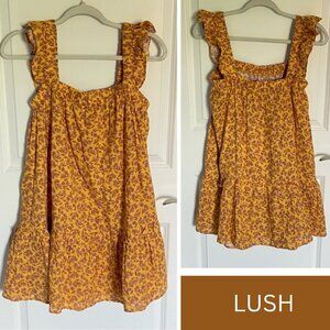 New! LUSH Apricot Pink Cotton Floral Ruffled Tiered Mini Dress NWT 35947